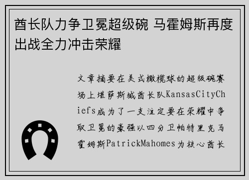 酋长队力争卫冕超级碗 马霍姆斯再度出战全力冲击荣耀