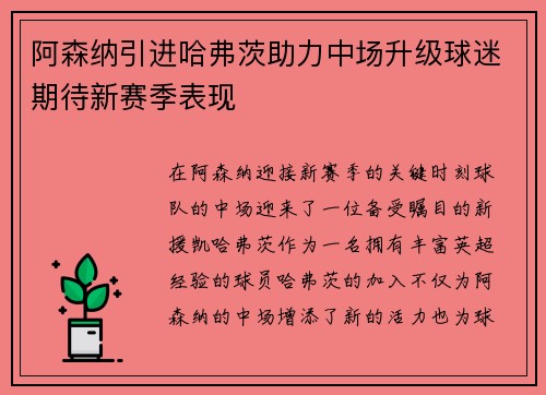 阿森纳引进哈弗茨助力中场升级球迷期待新赛季表现